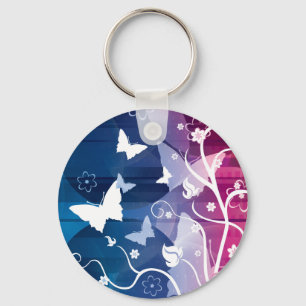 Purple and White Butterflies and Flowers Keychain