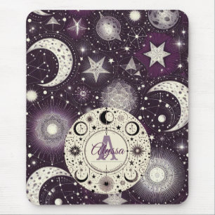 Purple and White Celestial Dreams: Moon and Stars Mouse Pad