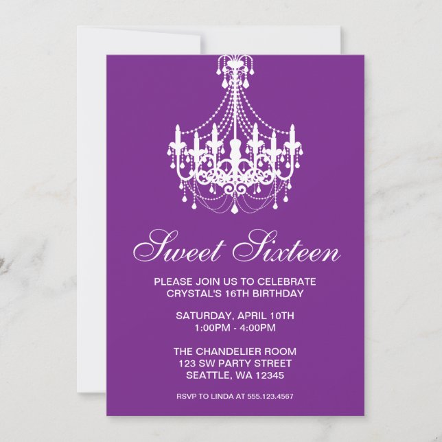 Purple and White Chandelier Sweet Sixteen Birthday Invitation (Front)