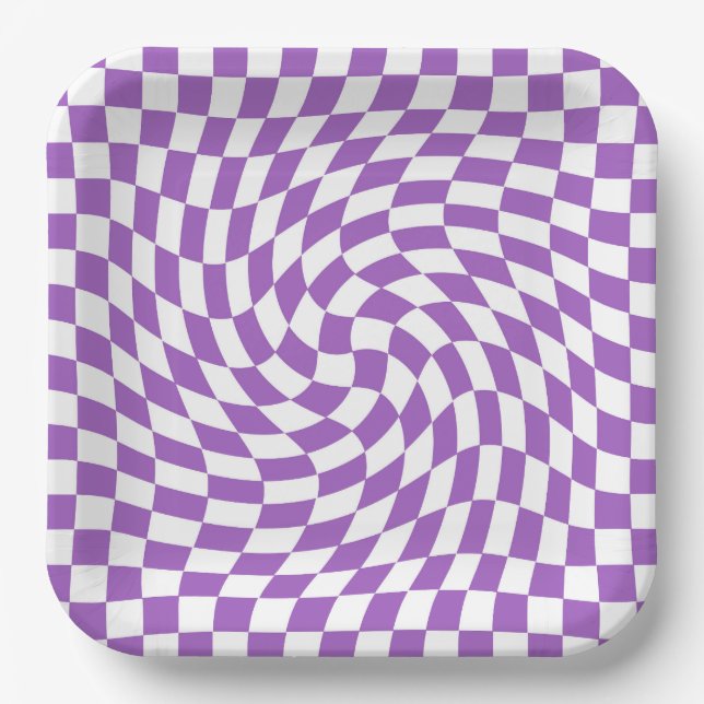 Purple and White Chequered Chequerboard Pattern Paper Plate (Front)