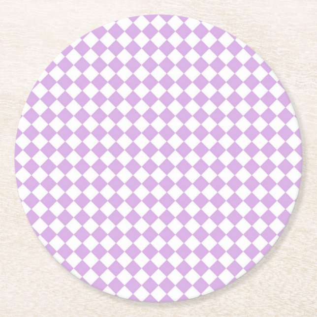 Purple and White Chequered Pattern Round Paper Coaster (Front)
