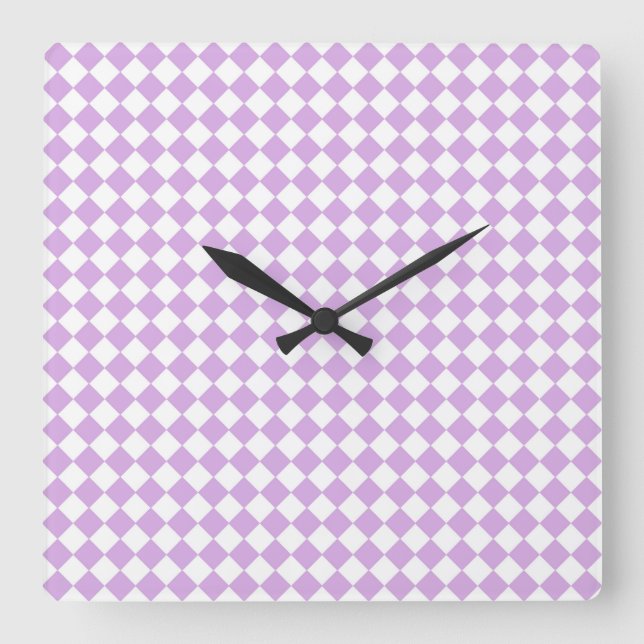Purple and White Chequered Pattern Square Wall Clock (Front)