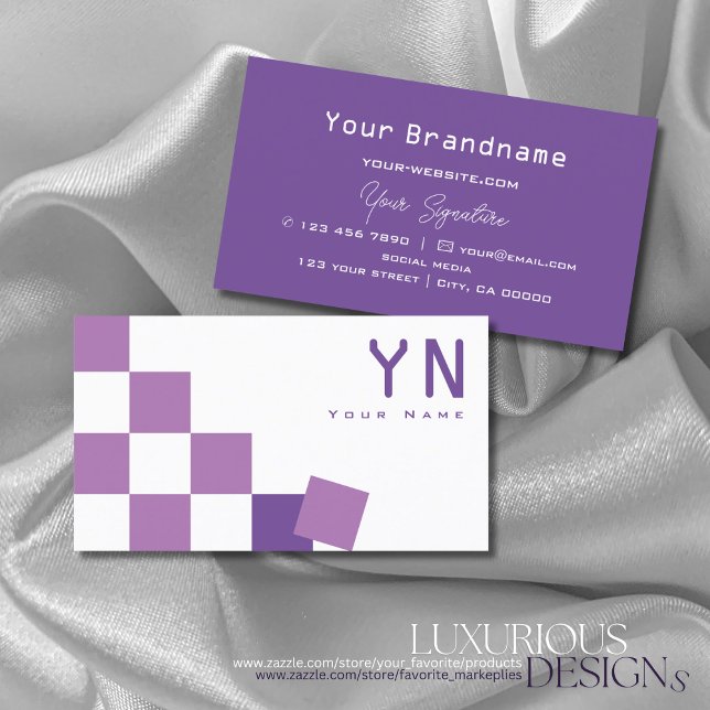 Purple and White Chessboard with Monogram Modern Business Card (Creator Uploaded)