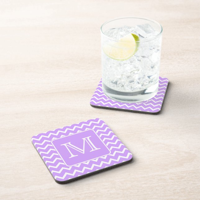 Purple and White Chevron Design. Custom Monogram. Coaster (Right Side)