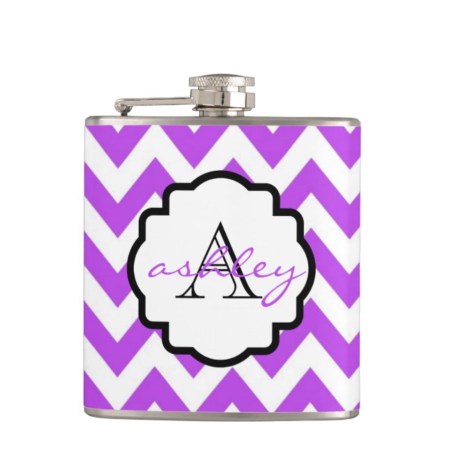 Purple and White Chevron Monogram Flask (Front)