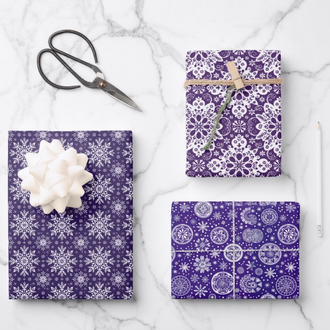 Purple and White Christmas Motif Pattern Wrapping Paper Sheet (Front)