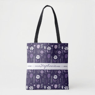 Purple and white colour delicate floral pattern tote bag