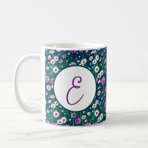 Purple and white daisies pattern monogram coffee mug