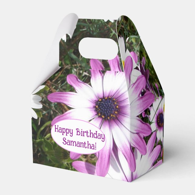Purple and White Daisy Birthday Customizable Name Favour Box (Front Side)