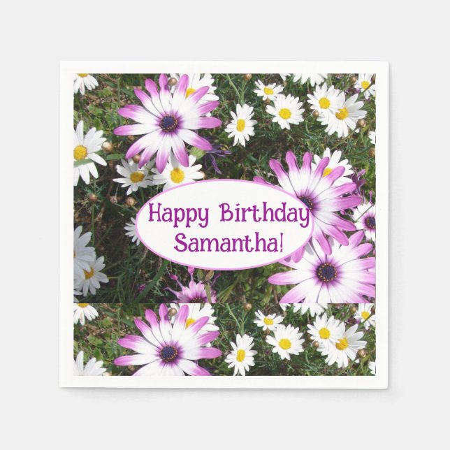 Purple and White Daisy Birthday Customizable Name Napkin (Front)