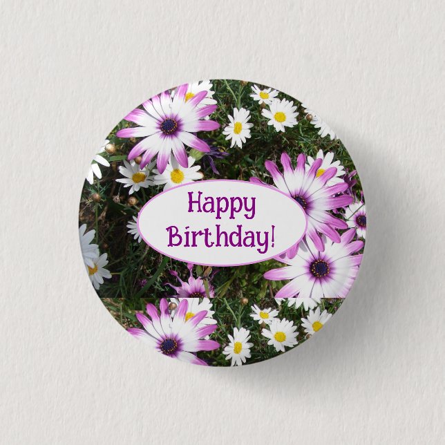 Purple and White Daisy Floral Customizable Name 3 Cm Round Badge (Front)