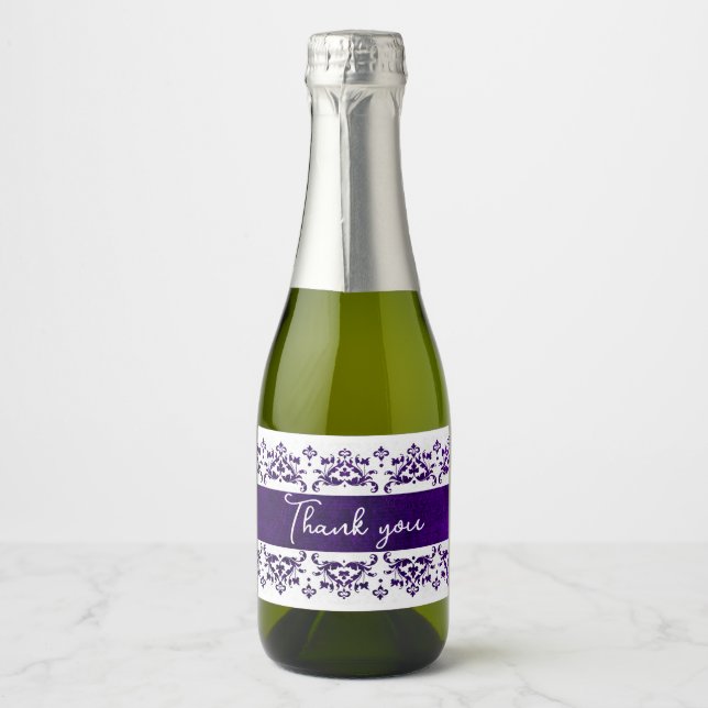 Purple and White Damask Custom Wedding  Sparkling Wine Label (Front)