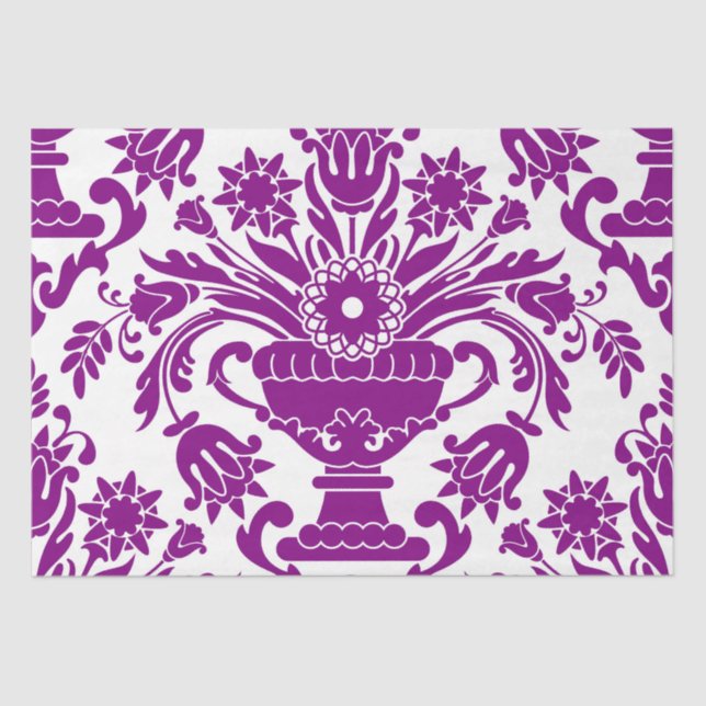 Purple and White Damask Floral Elegant Decoupage Tissue Paper (Front)