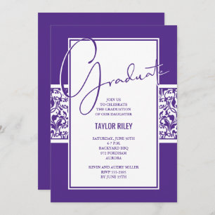 Purple and White Damask Graduation Invitation