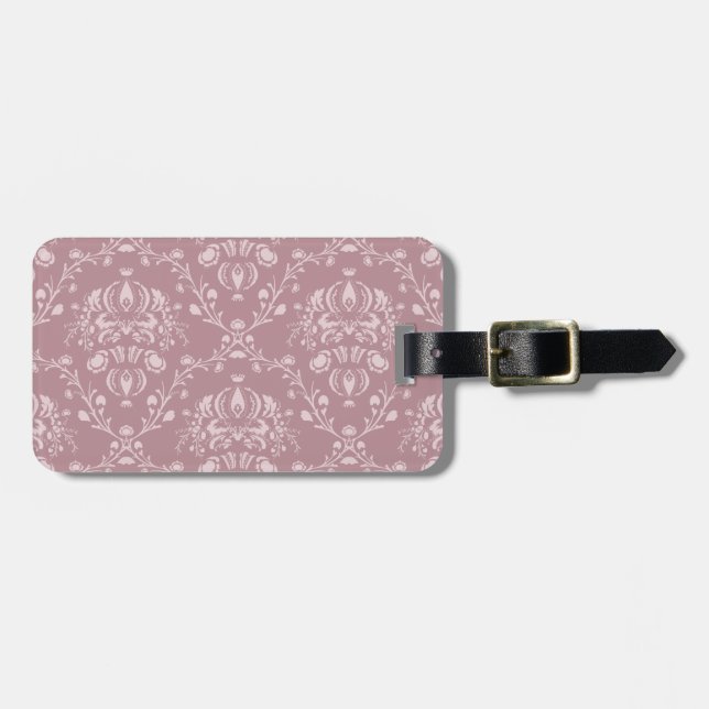 Purple and White Damask Luggage Tag (Front Horizontal)