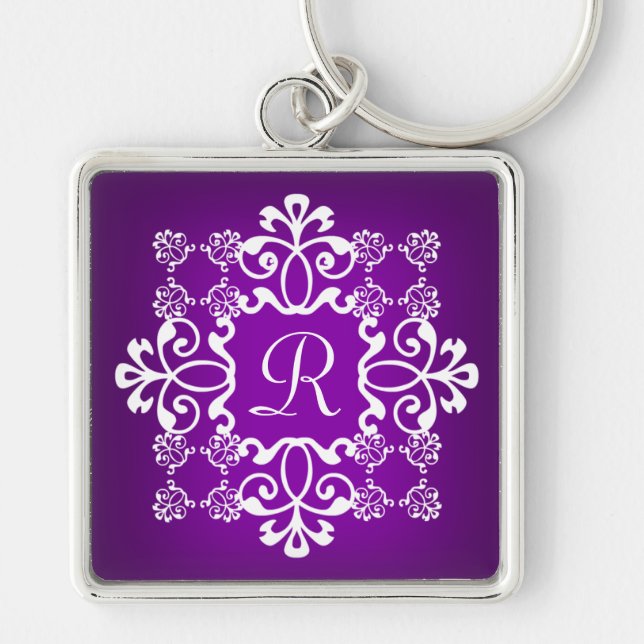 Purple and White Damask Monogrammed Key Chain (Front)