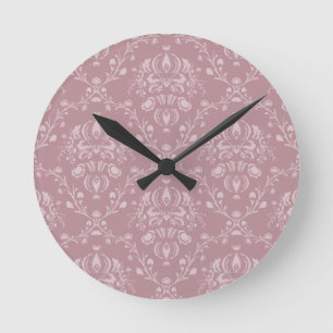 Purple and White Damask Round Clock