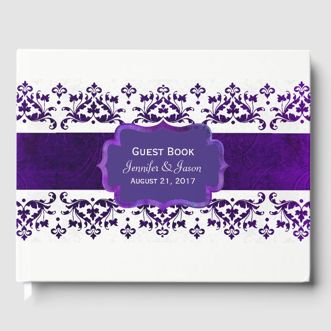 Purple and White Damask Wedding Guest Book (Front)