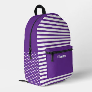 Purple and White Dots Dotted Striped Pattern Name Printed Backpack