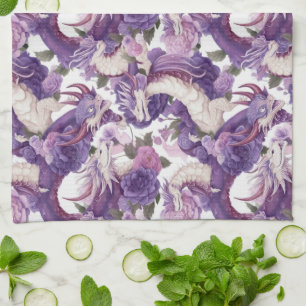 Purple and White Dragons and Roses Tea Towel