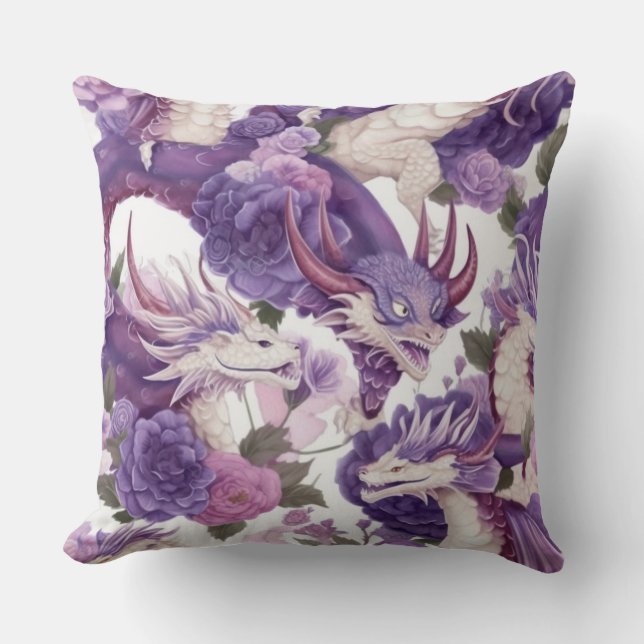 Purple and White Dragons and Roses Throw Pillow (Front)