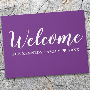 Purple And White Family Name Outdoor Welcome     Doormat