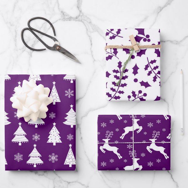 Purple and White Festive Christmas Patterns Wrapping Paper Sheet (Front)