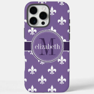 Purple and White Fleur de Lis Monogram iPhone 16 Pro Max Case