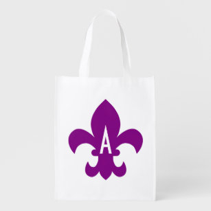 Purple and White Fleur de Lis Monogram Reusable Grocery Bag