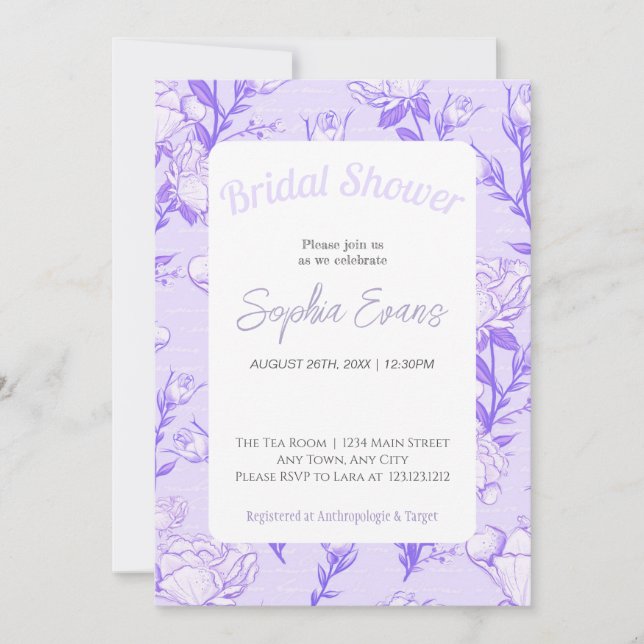 Purple and White Floral Bordered Bridal Shower Invitation (Front)