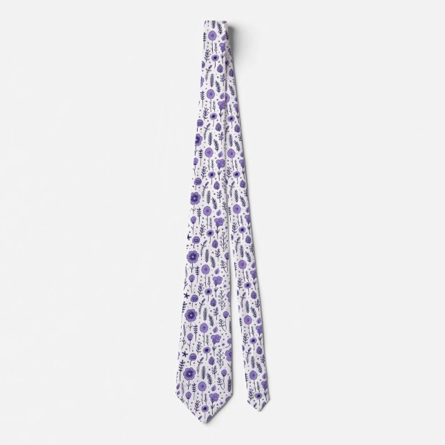 Purple and White Floral Botanical Wedding Tie (Front)