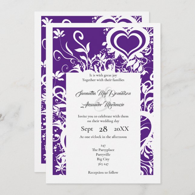 Purple and white floral papercut wedding invitation (Front/Back)