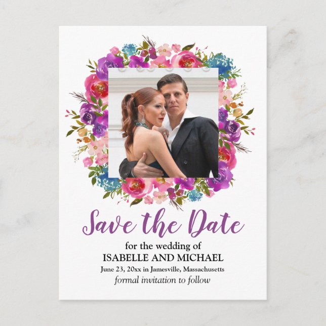 Purple and White Floral Photo Save the Date Announcement Postcard (Front)