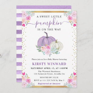 Purple and White Floral Pumpkins Fall Baby Shower Invitation