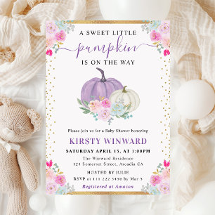 Purple and White Floral Pumpkins Fall Baby Shower Invitation