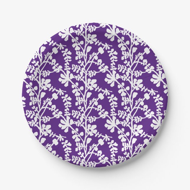 Purple And White Floral Repeating Pattern Paper Plate (Front)
