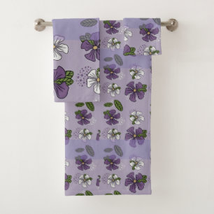 purple and white flower design bath towel set