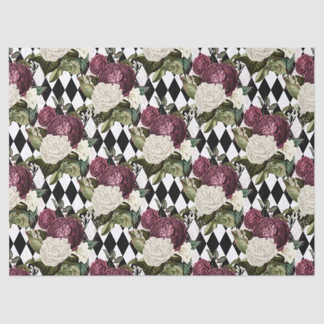 Purple and White Flowers on Chequered Decoupage Tissue Paper (Front)