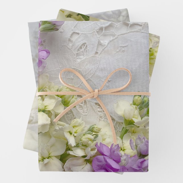 Purple and white flowers on lace wrapping paper sheet (In situ)