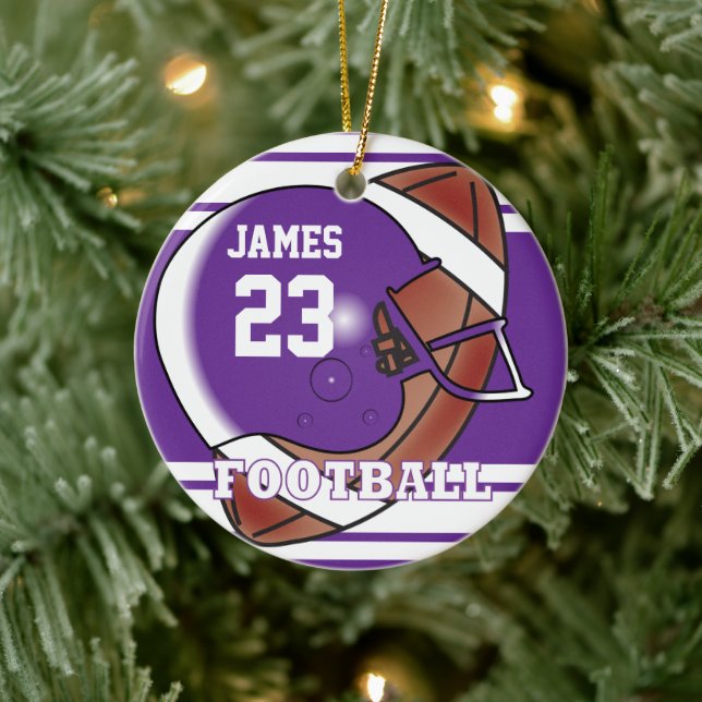Purple and White Football | DIY Name & Number Ceramic Ornament (Tree)