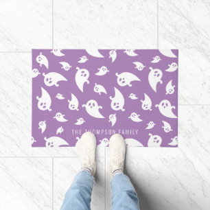 Purple And White Ghost Pattern With Name Halloween Doormat