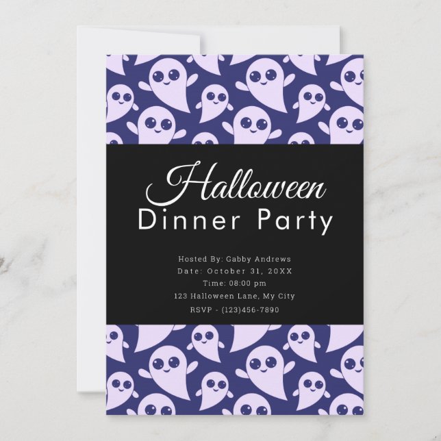 Purple and White Ghosts Halloween Dinner Party Invitation (Front)