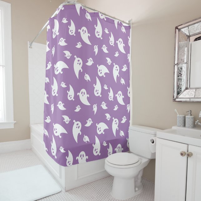 Purple And White Ghosts Pattern Cute Halloween Shower Curtain (In Situ)