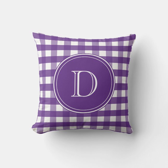 Purple and White Gingham Monogram Cushion (Front)