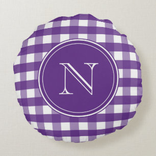 Purple and White Gingham Monogram Round Cushion