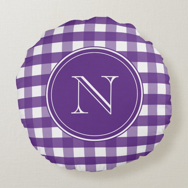 Purple and White Gingham Monogram Round Cushion (Back)