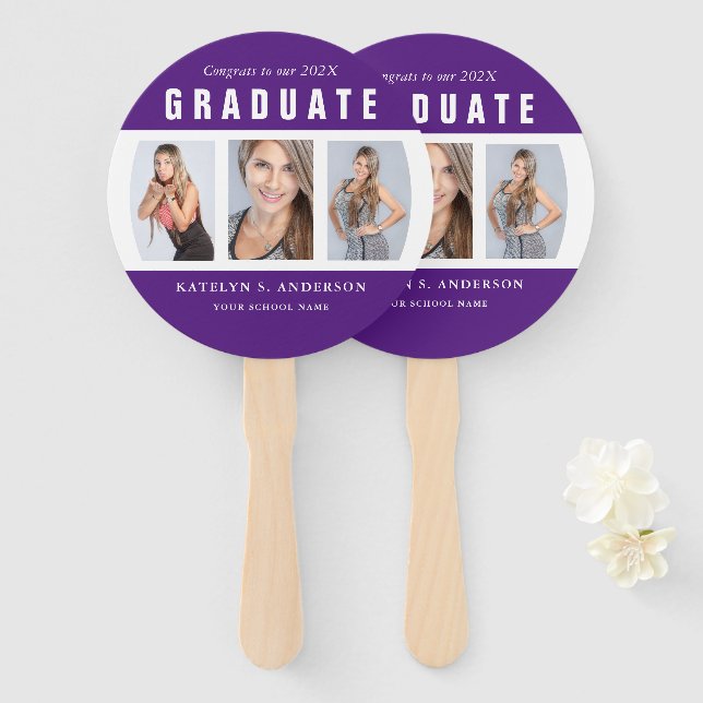 Purple and White Graduation Photo Collage Hand Fan (Front and Back)