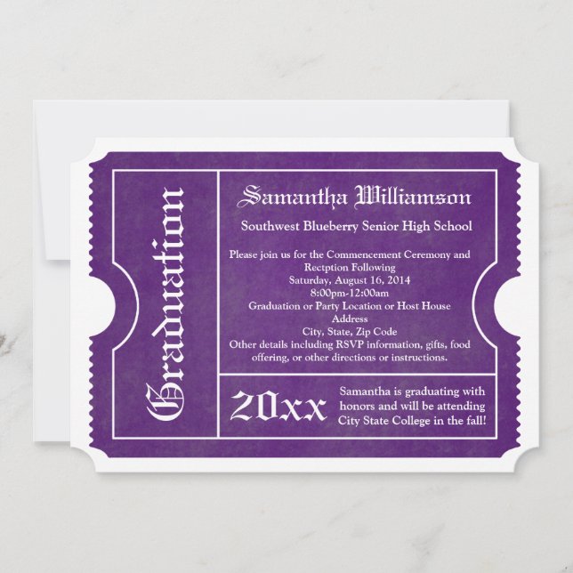 Purple and White Graduation Ticket Invitations (Front)