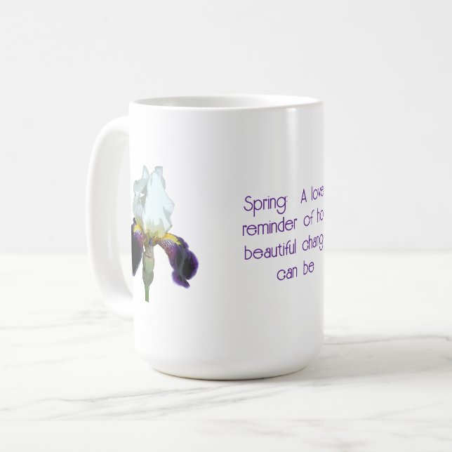 Purple and White Iris with Quote Coffee Mug (Front Left)
