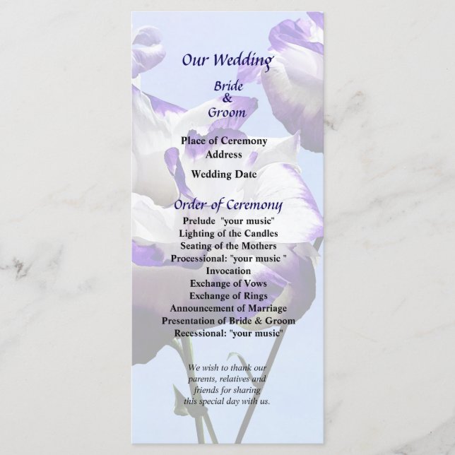 Purple and White Lisianthus Wedding Program (Front)